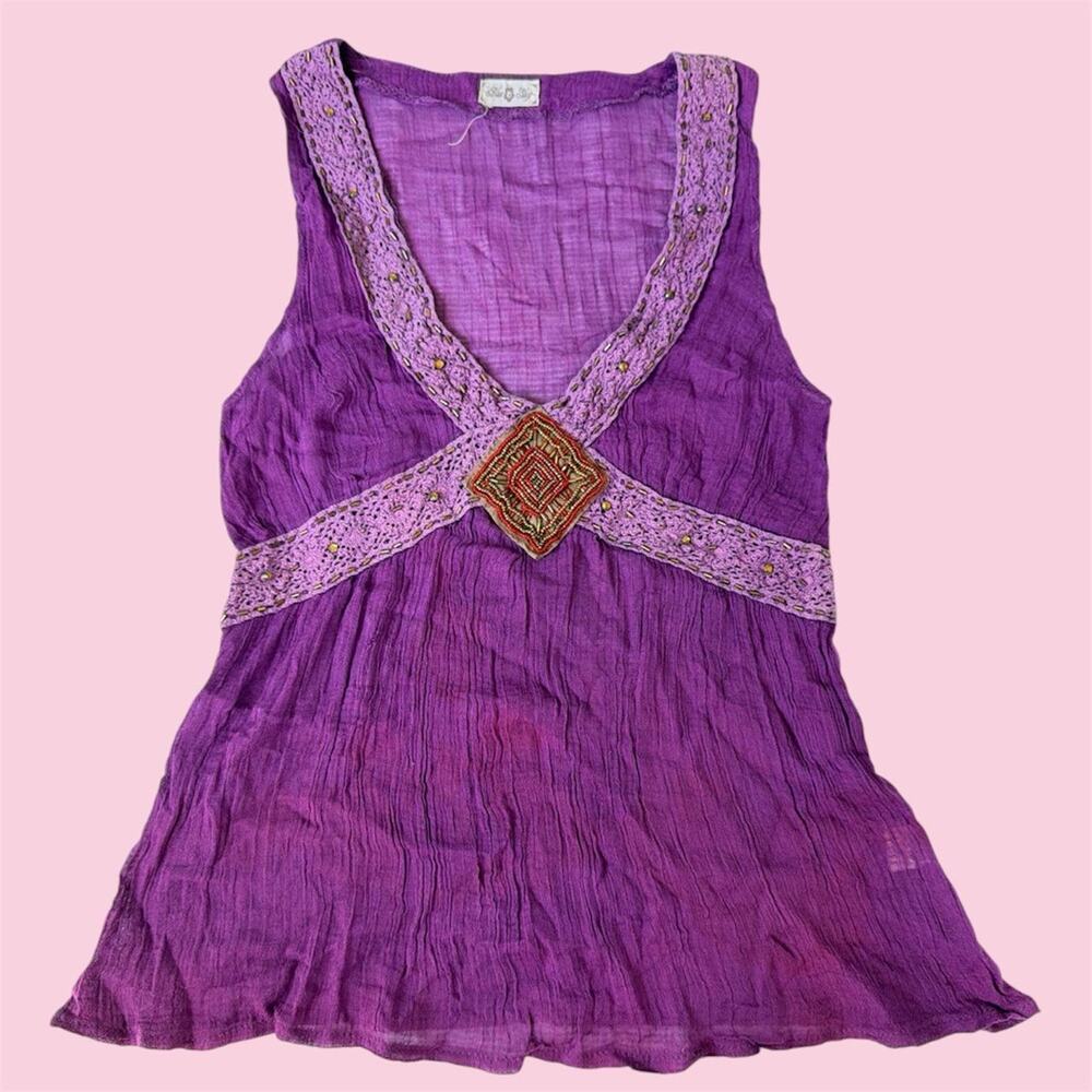 Purple sheer boho babydoll tank top with embroidered details and beaded trim